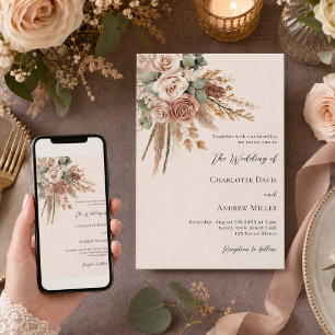 Convite Rosas bege taupe grama pampas casamento de luxo