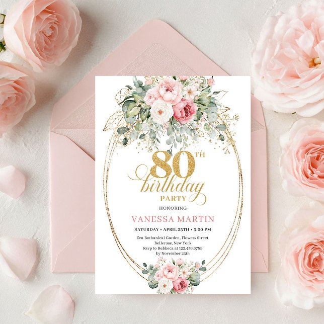 Convite Rosas Beije Refinedas Eucalipto Dourado Aniversári (Refined Blush Roses Eucalyptus Gold 80th Birthday)
