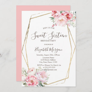 Convite Rosas Blush Dourado Frame Sweet 16