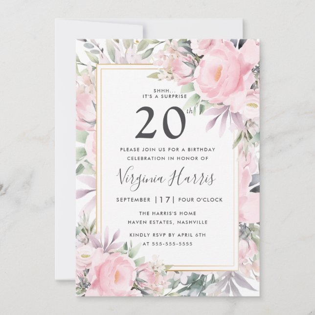 Convite Rosas Blush Floral Vinte e 20 Aniversário (Frente)