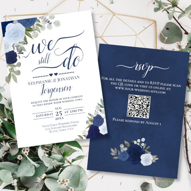 Convite Rosas Boho Azul Ainda Fazemos Vow Renewation Códig (Front/Back)