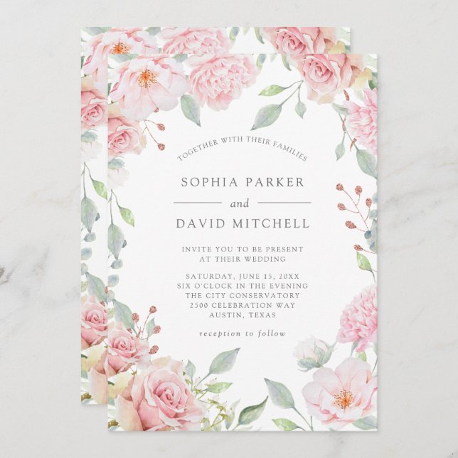 Convite Rosas Bonitas | Casamento Floral Rosa Elegante (Frente/Verso)