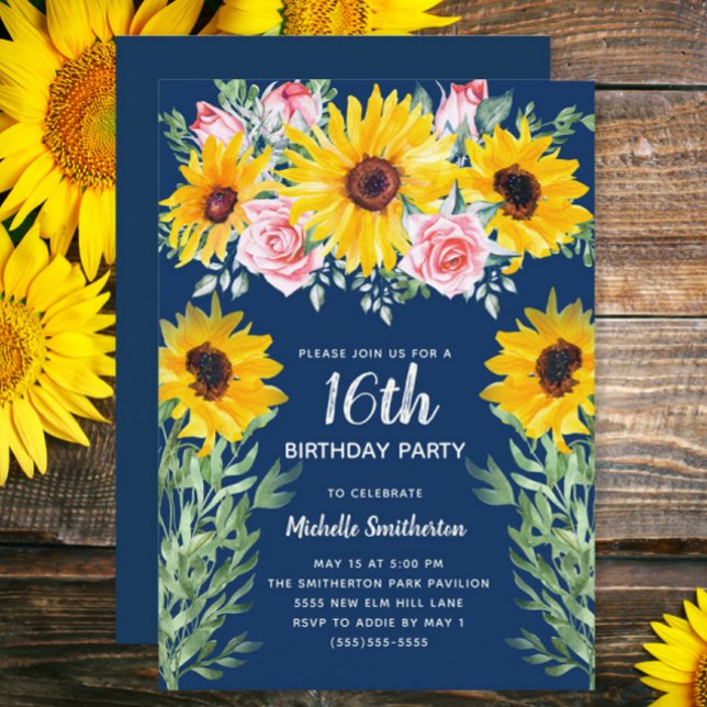 Convite Rosas bonito Rosa Girassóis Marinho Azul 16 (Sunflowers and pink roses on navy blue 16th birthday party custom invitation)