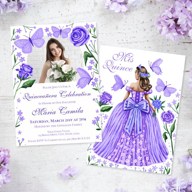 Convite Rosas + Borboletas Lilac Quinceanera Foto (Roses + Butterflies Lilac Quinceanera Photo Invitation)
