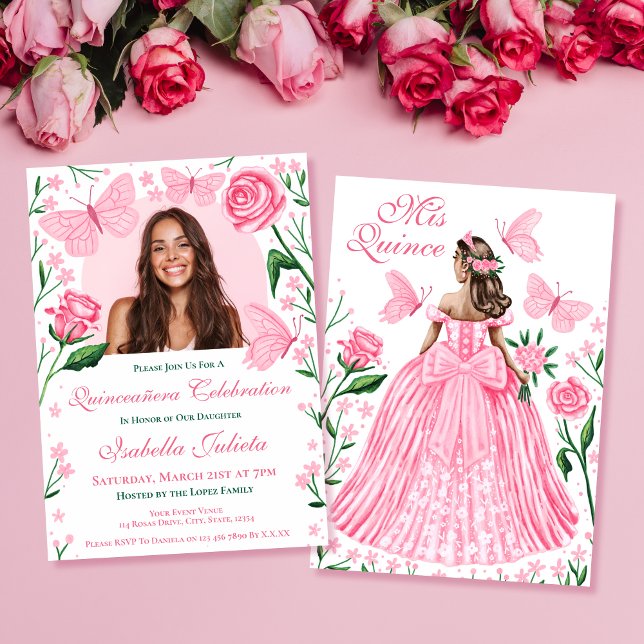 Convite Rosas + Borboletas Rosa Quinceanera Foto Invita (Roses + Butterflies Pink Quinceanera Photo Invita Invitation)