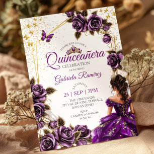 Convite Rosas Borboletas Tiara Dourada Roxa Quinceañera