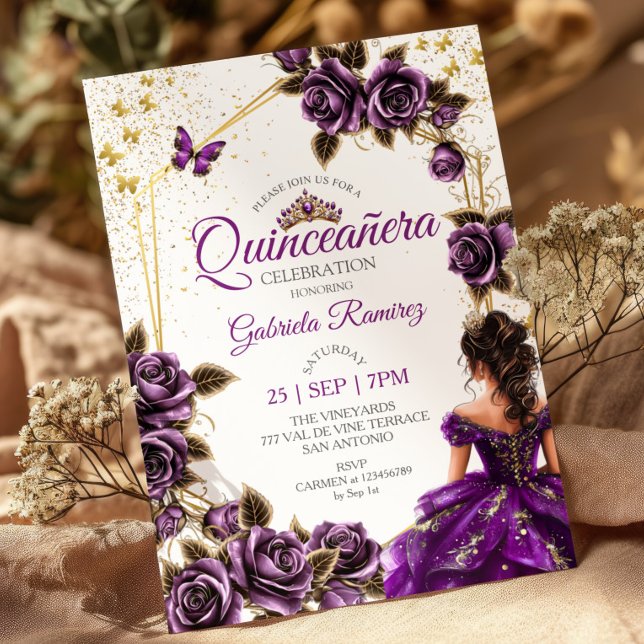 Convite Rosas Borboletas Tiara Dourada Roxa Quinceañera (Criador carregado)