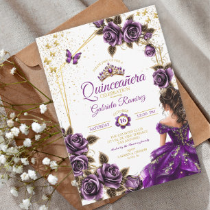 Convite Rosas Borboletas Tiara Dourada Roxa Quinceañera