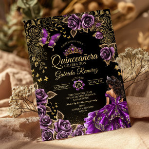 Convite Rosas Borboletas Tiara Dourada Roxa Quinceañera