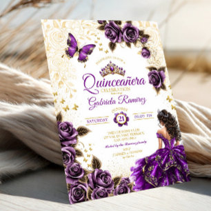 Convite Rosas Borboletas Tiara Dourada Roxa Quinceañera