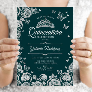 Convite Rosas Borboletas Verde Esmeralda Quinceanera Prata