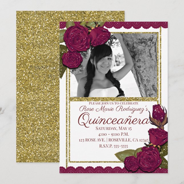 Convite Rosas Borgonha com Brilho Festa de Aniversário de  (Frente/Verso)