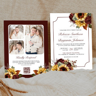 Convite Rosas Borgonha Girassóis Foto Código QR Casamento