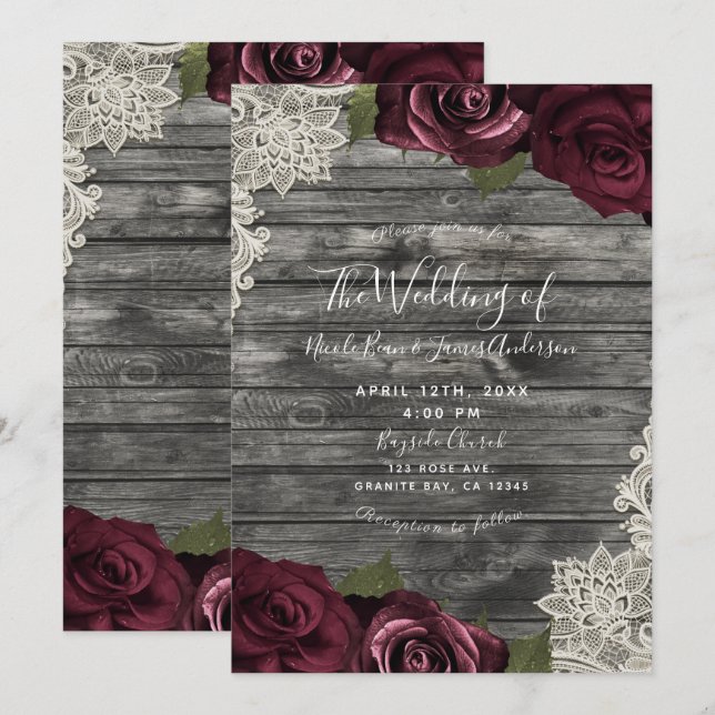 Convite Rosas Borgonha Renda Creme Madeira Cinza Casamento (Frente/Verso)