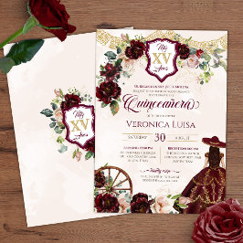 Convite Rosas Borgonhetas Escuros Charro Quinceanera