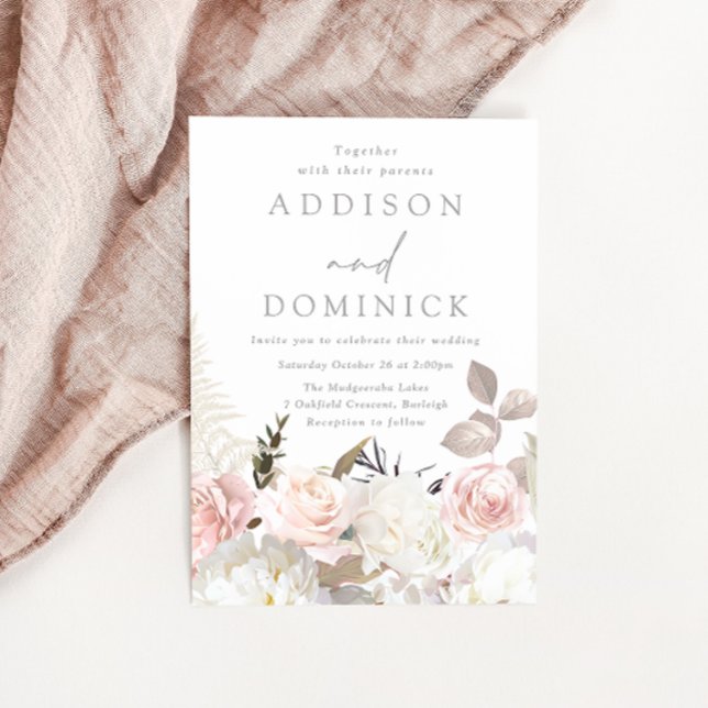 Convite Rosas Botânicas Brancas Blush Casamento de Todas a (Criador carregado)
