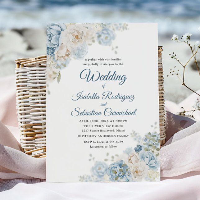 Convite Rosas Botânicas de Casamento em Aquarela Azul Empo (Criador carregado)