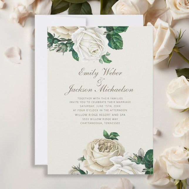 Convite Rosas Botânicas Elegantes Brancas Florais Creme Ca (Elegant white vintage roses and greenery wedding invitation)