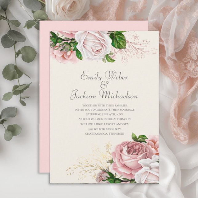 Convite Rosas Botânicos Elegantes Casamento de Creme Flora (Blush pink vintage floral wedding invitatio with elegant script)