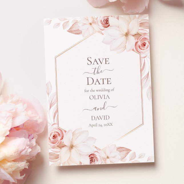 Convite Rosas Branca e Rosa Boho Salvem a Ficha de Datas (Boho White and Pink Roses Save the Date Card on pink table with pale pink peonies.)