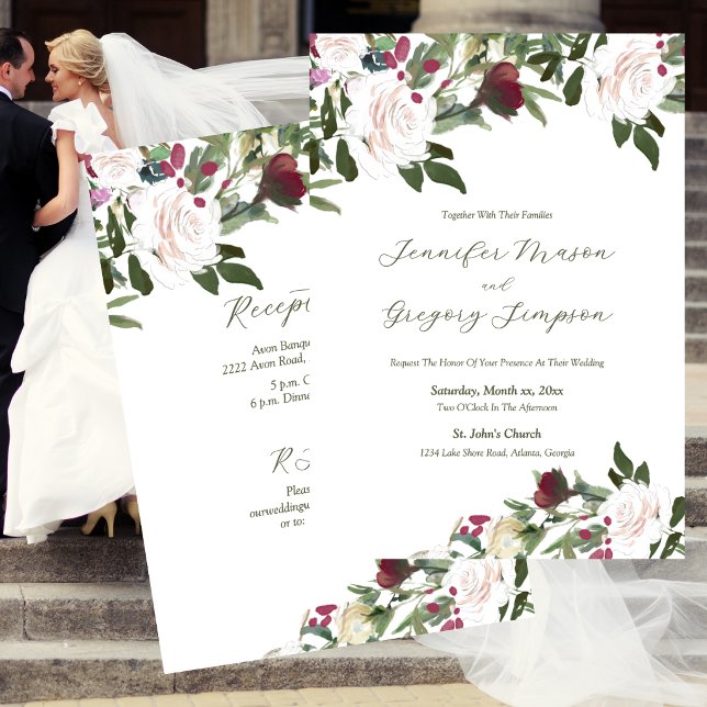 Convite Rosas Brancas Aquarela com Cranberry (Watercolor White Roses with Cranberry Invitation)
