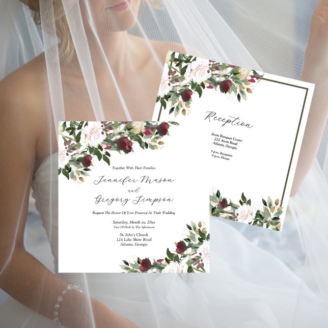 Convite Rosas Brancas Aquarela Com Flores de Cranberry (Watercolor White Roses With Cranberry Flowers Invitation)