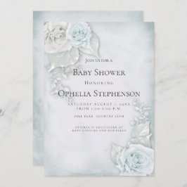 Convite Rosas brancas azuis-claras chás de fraldas