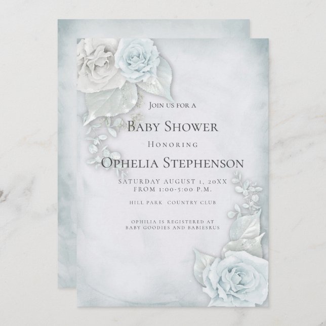 Convite Rosas brancas azuis-claras chás de fraldas (Frente/Verso)