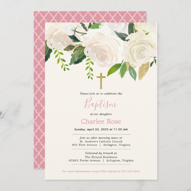 Convite Rosas brancas Batismo bebê e Brunch rosa e verde (Frente/Verso)