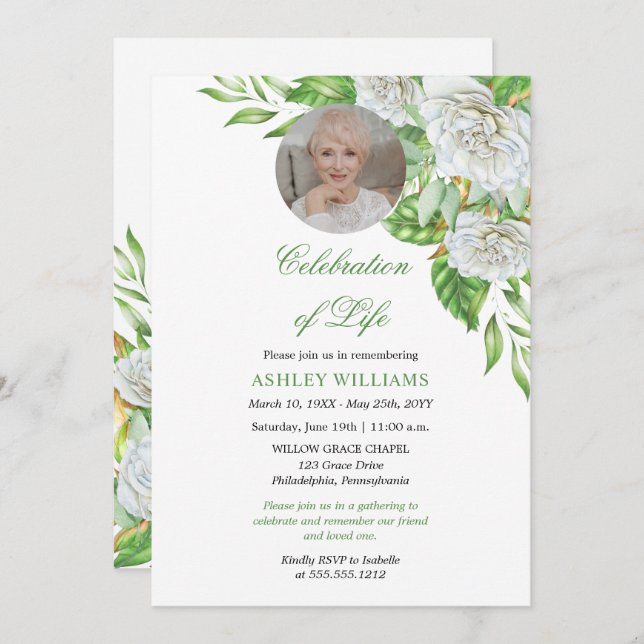 Convite Rosas brancas | Celebração Floral Verde da Vida (Frente/Verso)