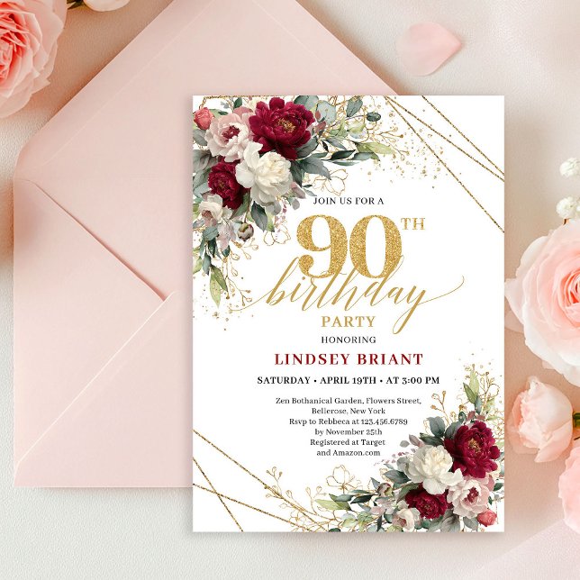 Convite Rosas Brancas Clássicas de Borgonha Douradas para  (Classic Burgundy White Gold Roses 90th Birthday Card

)