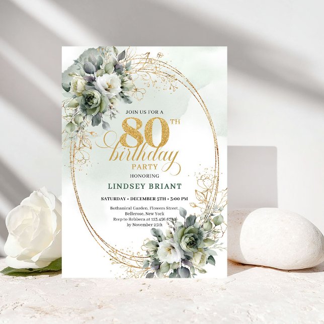 Convite Rosas Brancas Clássicas Eucalipto 80º Aniversário  (Classic White Roses Eucalyptus 80th Birthday Invite)