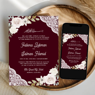 Convite Rosas Brancas de Borgonha Renda Casamento Islâmico
