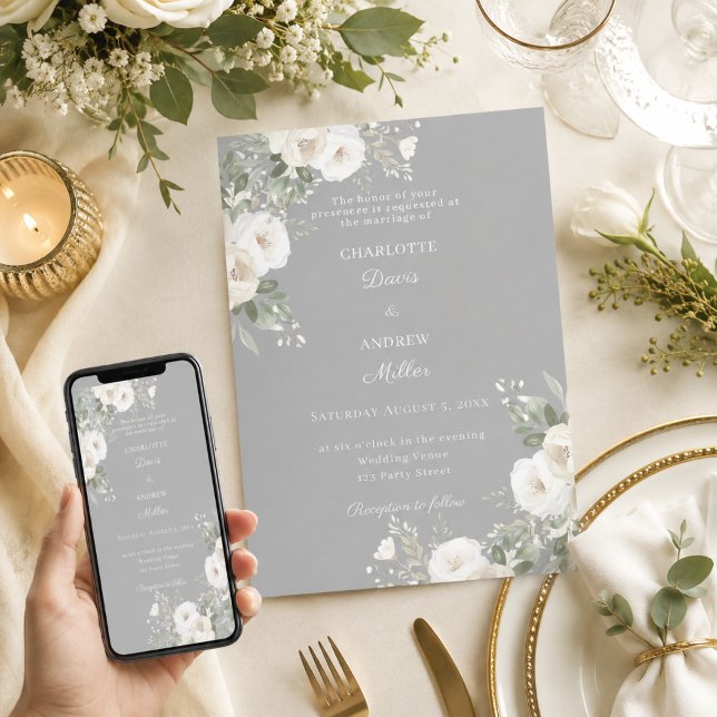 Convite Rosas brancas de marfim cinza casamento (Criador carregado)