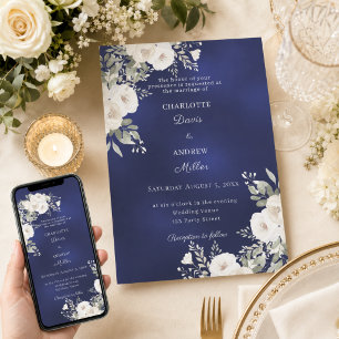 Convite Rosas brancas de marfim florais casamento azul