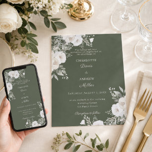 Convite Rosas brancas de marfim musgo verde casamento