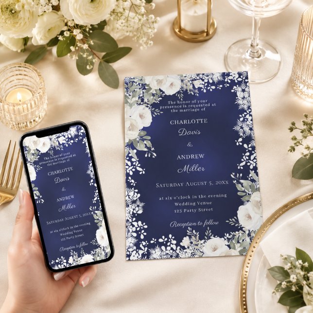 Convite Rosas brancas de marfim neve azul casamento de inv (Criador carregado)