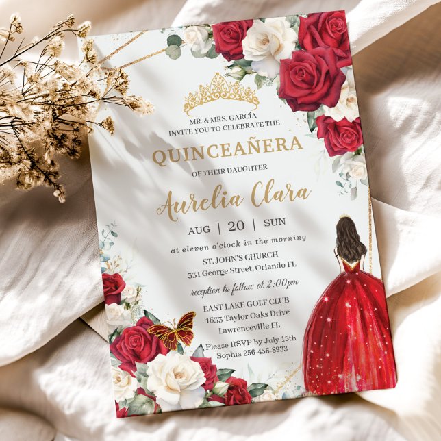 Convite Rosas Brancas de Vestido Vermelho Menina Floral Do (red and white roses floral flowers quinceanera invitation cards brunette girl red dress)