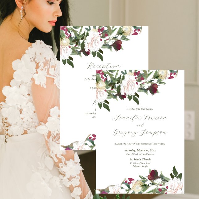 Convite Rosas Brancas de Watercolor Cascata com Amoreira (Wedding Watercolor White Roses with Cranberry Elegant Invitation)