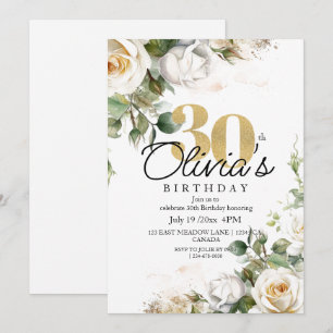 Convite Rosas brancas e aniversário de 30 anos Floral Dour