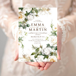 Convite Rosas brancas e Casamento Dourado de Flor Elegante