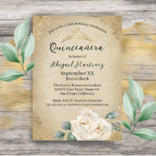 Convite Rosas Brancas e Dourado Quinceanera Vintage