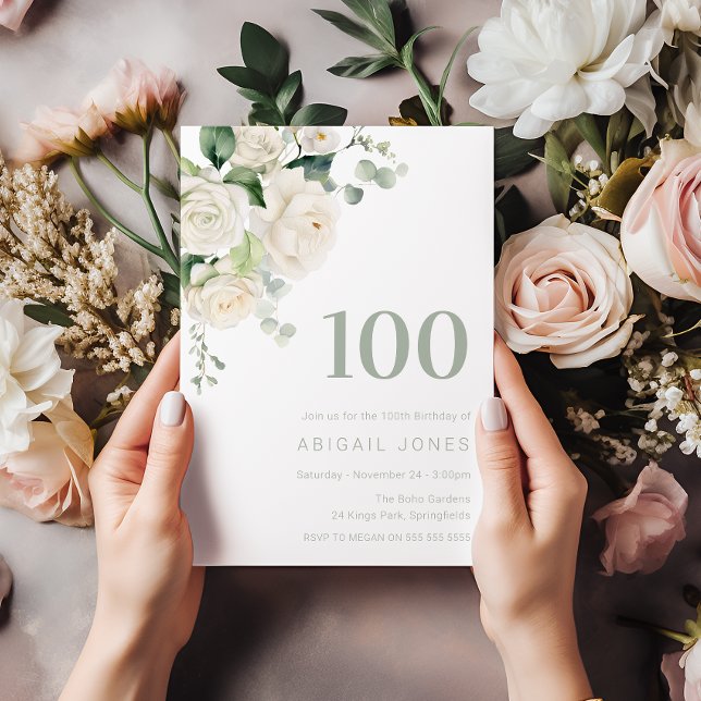 Convite Rosas brancas e Festa de aniversário 100ª (Criador carregado)