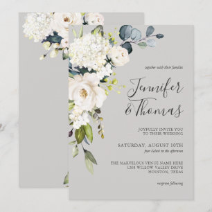 Convite Rosas Brancas e Hydrangea Casamento Floral Elegant