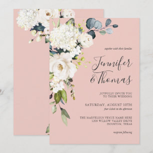 Convite Rosas brancas e Hydrangea no Casamento Floral Rosa