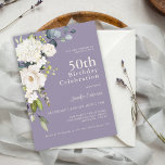 Convite Rosas brancas e Hydrangeas Elegantes 50º aniversár<br><div class="desc">Com um popular esquema de cor neutra de flores brancas e fundo roxo lavanda, este convite de aniversário feminino 50º apresenta um buquê de canto de flores brancas de aquarela com verde-verde-eucalipto à direita. As flores incluem rosas, híbridos e flores misturadas que combinam um efeito adorável. Os emparelhamentos de texto...</div>