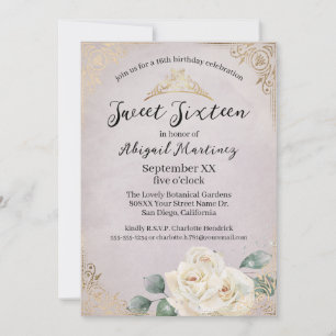 Convite Rosas Brancas e Ouro Vintage Roxo Sweet Sixteen