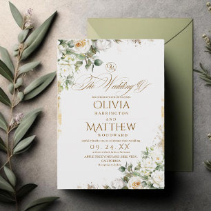 Convite Rosas Brancas Elegantes e Casamento Floral Dourado