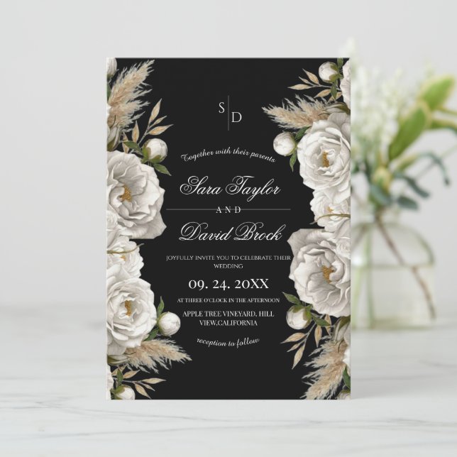 Convite Rosas Brancas Elegantes Flores Boho Casamento Aqua (Em pé/Frente)