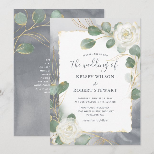 Convite Rosas Brancas em Aquarela Folhagem Cinza Dourado C (Frente/Verso)